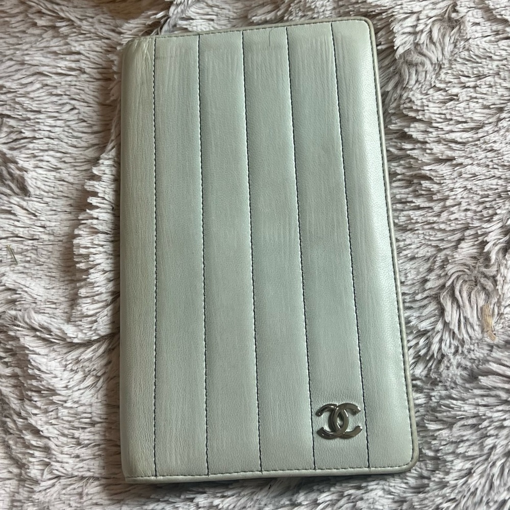 Grey and Silver Pinstripe Chanel Long Wallet - with HOLO and CARD